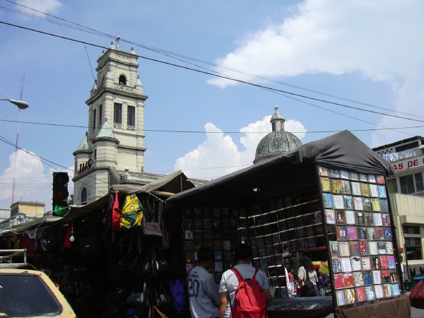 pirated CDs and steeple (from car window)